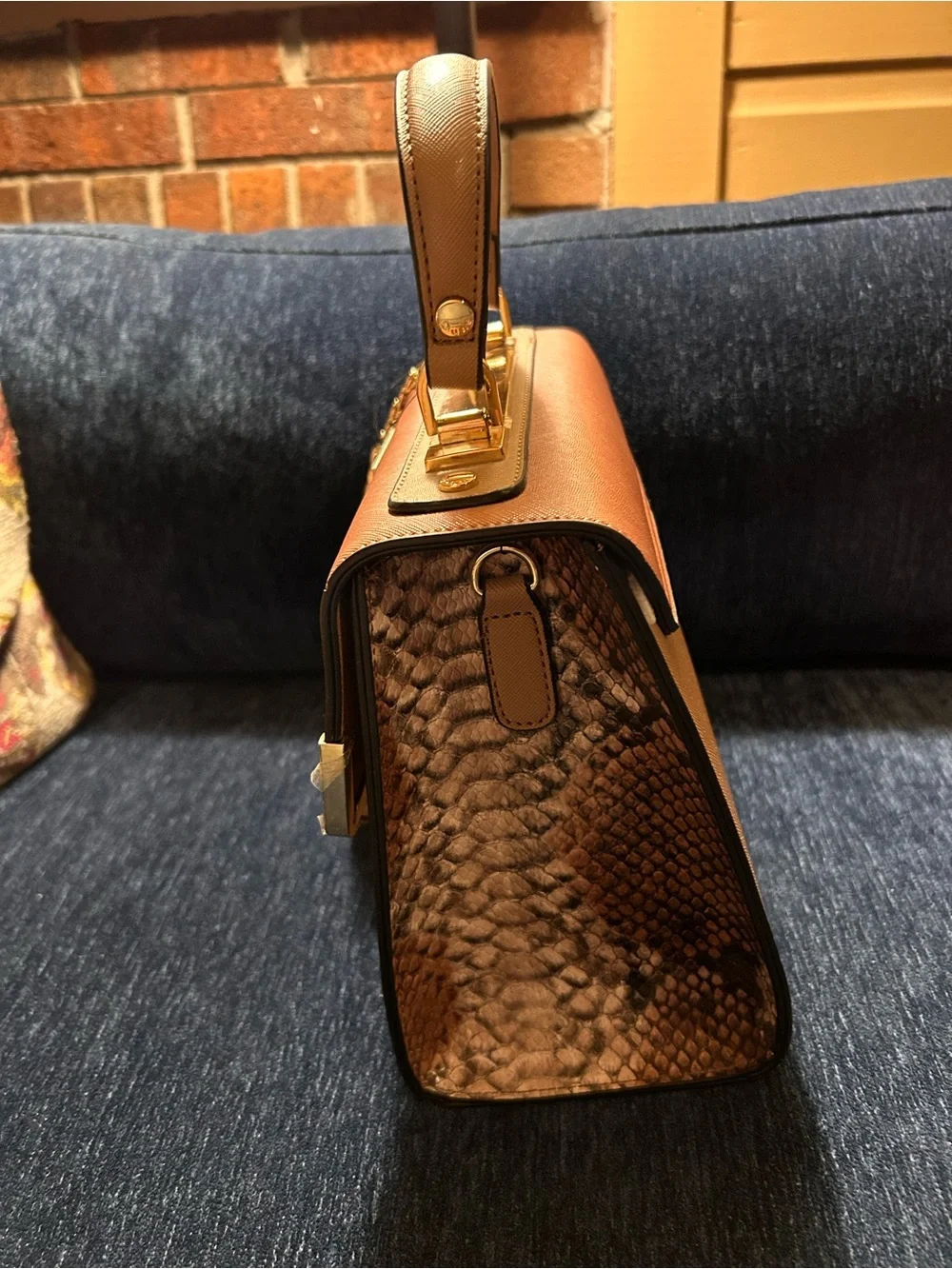 Dune London Two-Tone Tan Top-Handle Satchel with Snake-Print Wallet